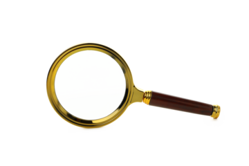 A magnifying glass in a golden frame, isolated on white background