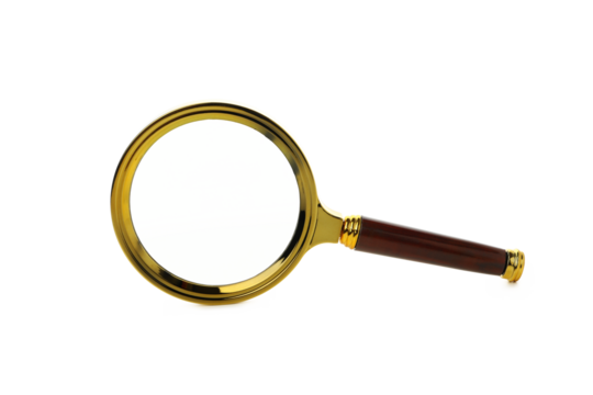 A magnifying glass in a golden frame, isolated on white background