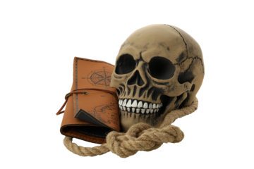 Human skull with leather map, isolated on white background