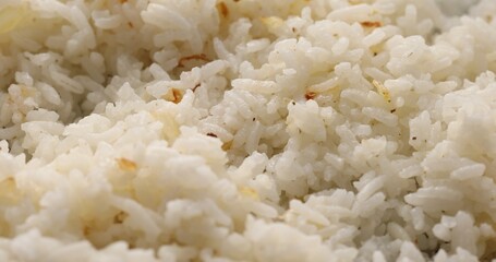 Close-up Rice with fried onions. Cooking fried rice with seafood. A series of photos to visualize the recipe. Food Preparation.
