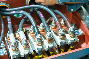 Electrical cables connecting with terminal of motor in cover box of Power induction motor pump.Motor Terminal Box .
