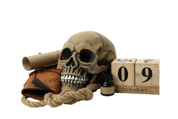 Human skull with leather map, isolated on white background