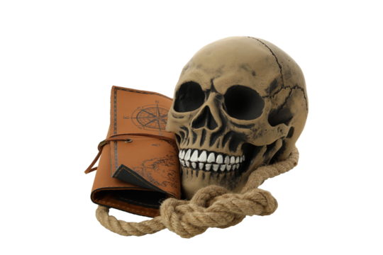 Human skull with leather map, isolated on white background