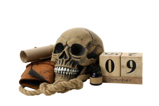 Human skull with leather map, isolated on white background