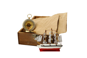 A ship with old letters and a compass, isolated on white background