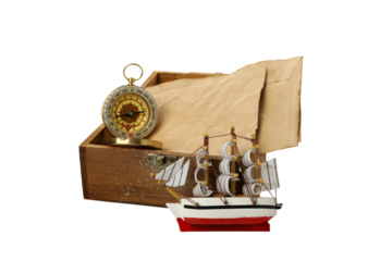 A ship with old letters and a compass, isolated on white background