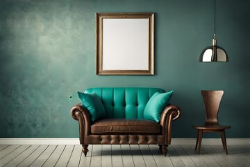 A mockup poster blank frame hanging on a mint green wall, above a vintage armchair, Industrial-style lounge