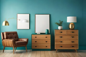 A mockup poster blank frame hanging on a turquoise wall, above a retro chest of drawers, Retro-inspired home decor