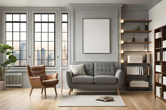 A mockup poster blank frame hanging on a wooden bookcase, above a modern recliner, Scandinavian interior style