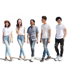 Obraz premium A diverse group of friends, including both men and women, walking together in a city park, representing friendship and togetherness.