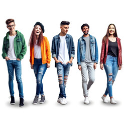 Obraz premium A diverse group of young friends, both male and female, enjoying a happy and cheerful time together outdoors in the city during summer.