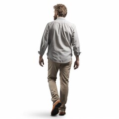 Naklejka premium A young, stylish man, viewed from behind, walking with a pensive expression.