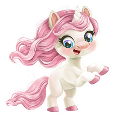 Cute cartoon baby Unicorn with pink mane stands on hind hooves