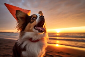 Studio portrait photography of a happy papillon dog howling wearing a shark fin against a vibrant beach sunset background. With generative AI technology