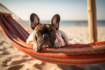 Photography in the style of pensive portraiture of a curious french bulldog sniffing around wearing a cooling bandana against a relaxing hammock on the beach background. With generative AI technology