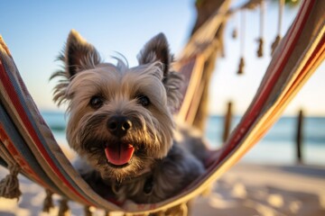 Medium shot portrait photography of a smiling cairn terrier chewing bone wearing a bandana against a relaxing hammock on the beach background. With generative AI technology