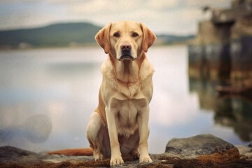 Photography in the style of pensive portraiture of a curious labrador retriever panting wearing a fairy wings against a beautiful coastal village background. With generative AI technology