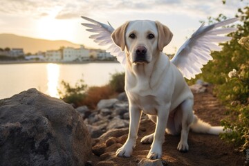 Photography in the style of pensive portraiture of a curious labrador retriever panting wearing a fairy wings against a beautiful coastal village background. With generative AI technology