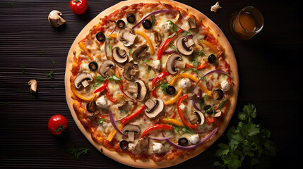 Cheese pizza with several vegetables, bell peppers, olives, mushrooms and oregano toppings from top view