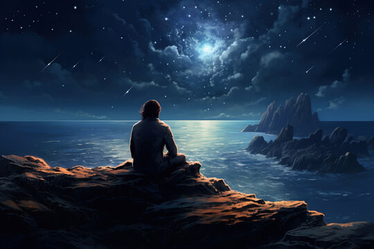 a drawing of a person sitting on a cliff looking at the stars