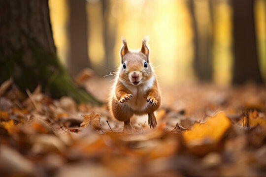 ardilla corriendo por campo con hojas ca&iacute;das en bosque rodeado de arboles