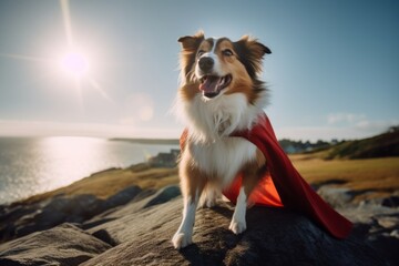 Medium shot portrait photography of a smiling shetland sheepdog rolling over wearing a superhero cape against a majestic lighthouse on a cliff background. With generative AI technology
