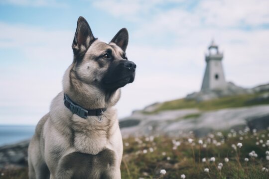 Medium shot portrait photography of a cute norwegian elkhound guarding wearing a butterfly wings against a majestic lighthouse on a cliff background. With generative AI technology