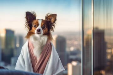 Lifestyle portrait photography of a funny papillon dog leaning on people wearing a plush robe against a modern cityscape background. With generative AI technology