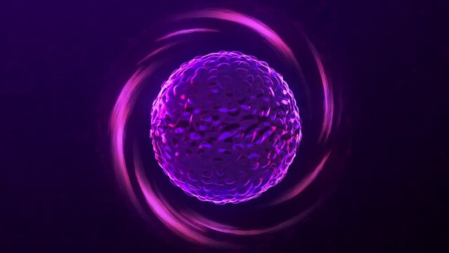 Abstract purple energy round sphere  with particles and glowing pink vortex  hi-tech digital magic abstract background. Video 4k, 60 fps.