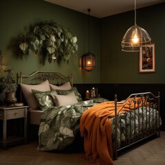 On a dark halloween night, the eerie green wall of the bedroom serves as the backdrop for a mystical setting of furniture, pillows, lampshades, and linens, illuminated by the light of the lamp