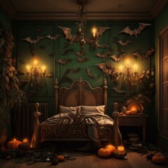 On halloween night, a spooky room with a bed, bats, and flickering candles cast an eerie glow over the walls adorned with festive art and lights, creating a unique and enchanting atmosphere