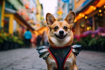 Medium shot portrait photography of a smiling norwegian lundehund wandering wearing a butterfly wings against a vibrant market street background. With generative AI technology - obrazy, fototapety, plakaty