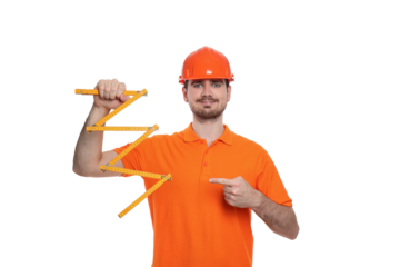 PNG, Engineer in helmet with ruler, isolated on white background