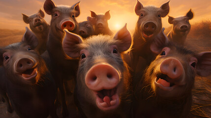 Group of funny pigs taking selfie at sunset