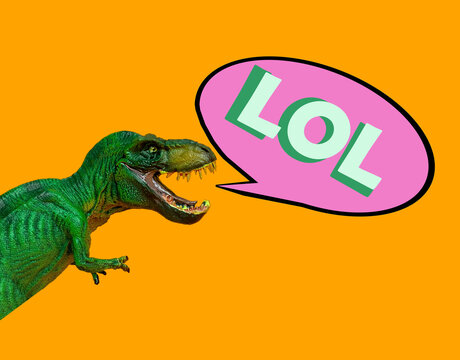 Art collage dinosaur with bubble banner and inscription lol.