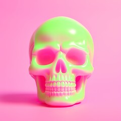 Obraz premium This hauntingly beautiful image of a neon green skull against a pink background captures the spooky yet fun spirit of halloween