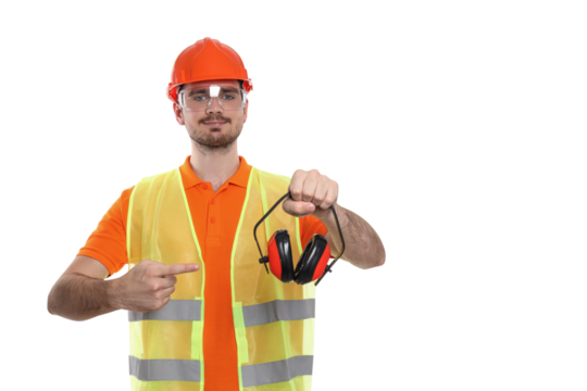 PNG, Engineer in helmet with headphones in hands, isolated on white background, space for text
