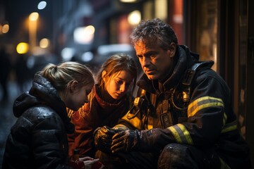 Fototapeta premium Firefighter Comforting A Victims Family, Generative AI