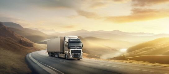 Transportation sunset freight road truck trailer car export shipping vehicle highway cargo - obrazy, fototapety, plakaty
