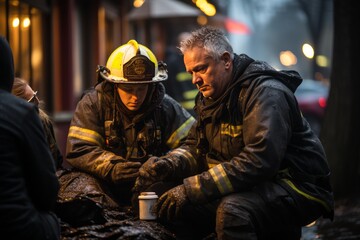 Fototapeta premium Firefighter Comforting A Victims Family, Generative AI