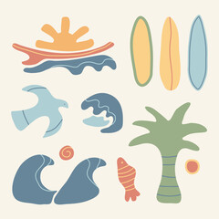 Hand Drawn Set of Beach Stuff. Vector Illustration. Sunset on the Beach. Beach Vibe. Surfing.