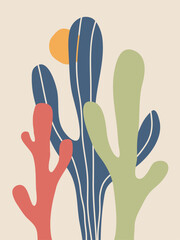Hand drawn cactus. Cacti with Sun. Vector Illustration. Travel Vibe. West.
