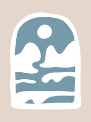 Hand Drawn Nature with Sun and Waves. Vector Illustration. Sunset on the Beach. Beach Vibe.