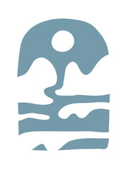 Hand Drawn Nature with Sun and Waves. Vector Illustration. Sunset on the Beach. Beach Vibe.