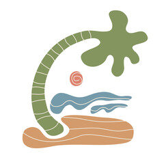 Hand Drawn Tropical Island Vector Illustration. Sunset on the Beach with Palm Trees and Waves. Beach Vibe.