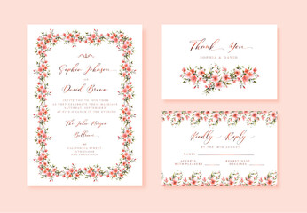 Watercolor Wedding vector floral invitation, thank you and rsvp card watercolor design set: garden flower pink peach colored with gold calligraphy