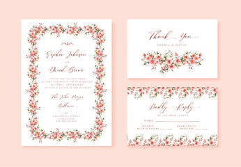 Watercolor Wedding vector floral invitation, thank you and rsvp card watercolor design set: garden flower pink peach colored with gold calligraphy