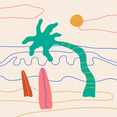 Hand Drawn Tropical Island Vector Illustration. Sunset on the Beach with Palm Trees and Waves. Beach Vibe.  Surf Life