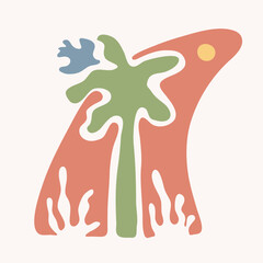 Hand Drawn Tropical Island Vector Illustration. Sunset on the Beach with Palm Trees and Waves. Beach Vibe.  Surf Life