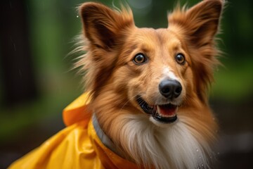 Close-up portrait photography of a smiling shetland sheepdog licking lips wearing a raincoat against a bright and cheerful park background. With generative AI technology